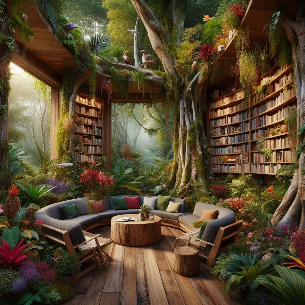 The results of the prompt: "Photography of a living room in the Amazon forest, trees on the inside, full of plants, animals, flowers and birds." 