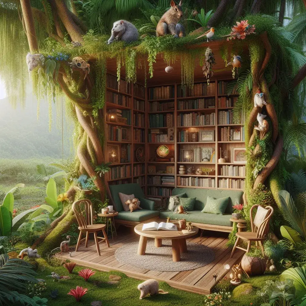 The results of the prompt: "Photography of a living room in the Amazon forest, trees on the inside, full of plants, animals, flowers and birds." 