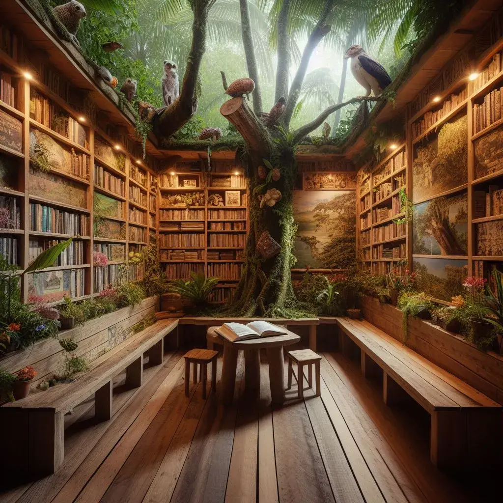 The results of the prompt: "Photography of a living room in the Amazon forest, trees on the inside, full of plants, animals, flowers and birds." 