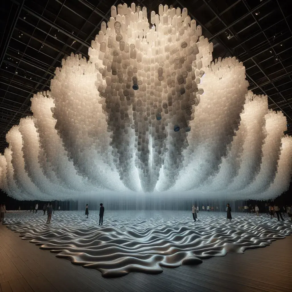 The results of the prompt "A tall immersive undulating cloudlike installation made from millions of plastic jugs hanging from the ceiling of a tall gallery, dramatic lighting."