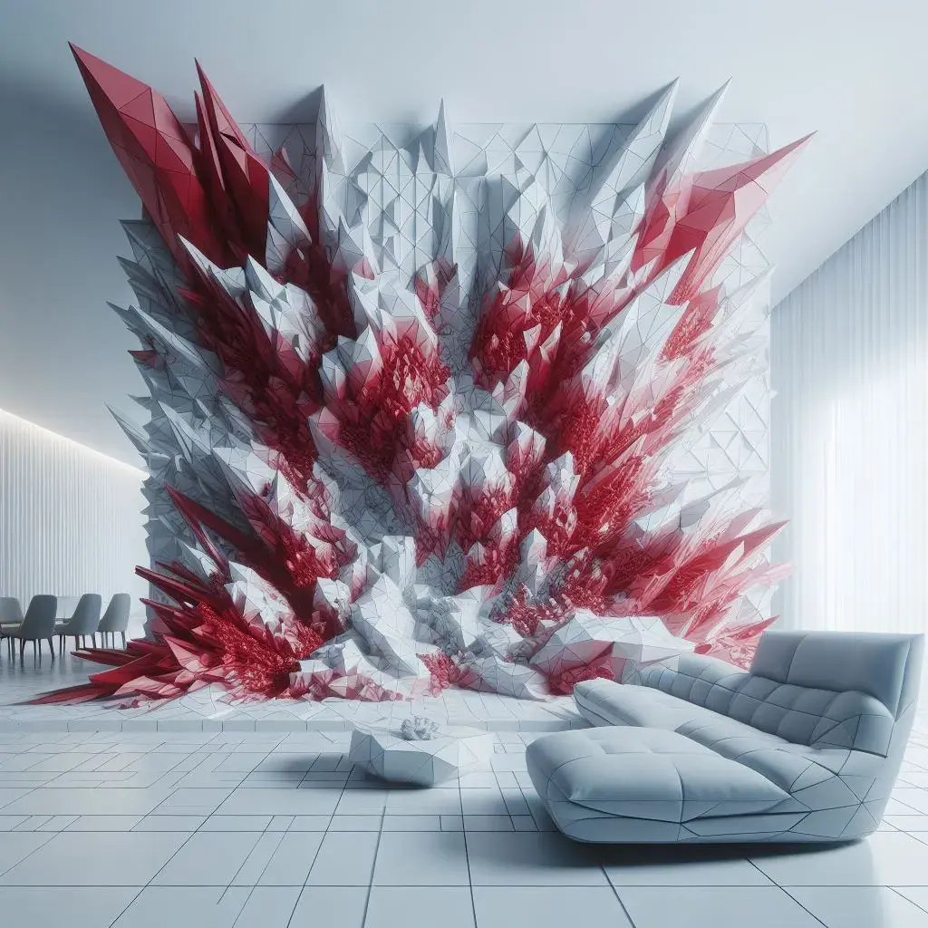 The results of the prompt "A complex 3d parametric wall made from red fragmented shards and crystalline facets in a white modernist living room with a tall ceiling, extreme detail, long exposure photography."