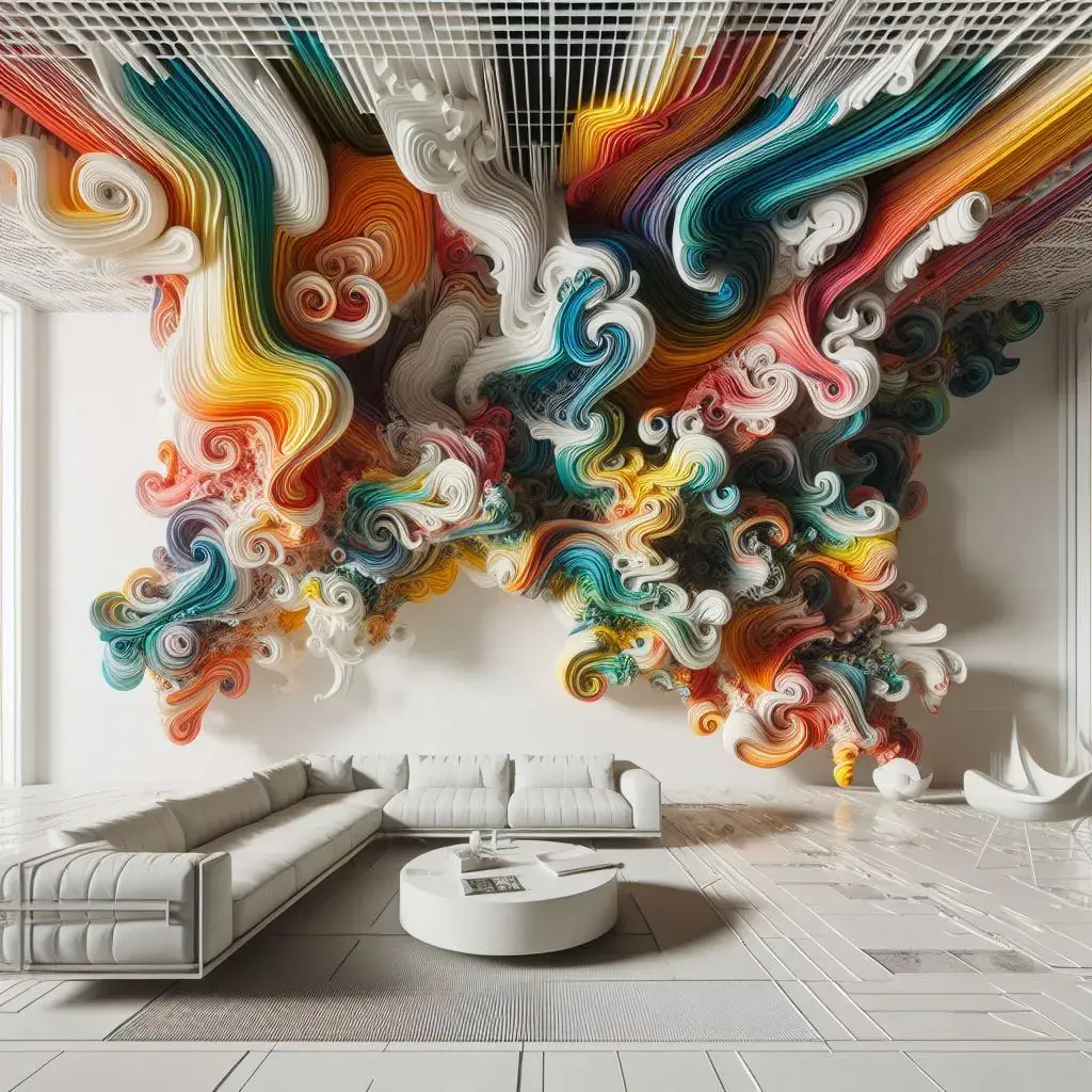 The results of the prompt "A complex 3d parametric wall made from the fluid geometry of colorful paint in a white modernist living room with a tall ceiling, extreme detail, long exposure photography."