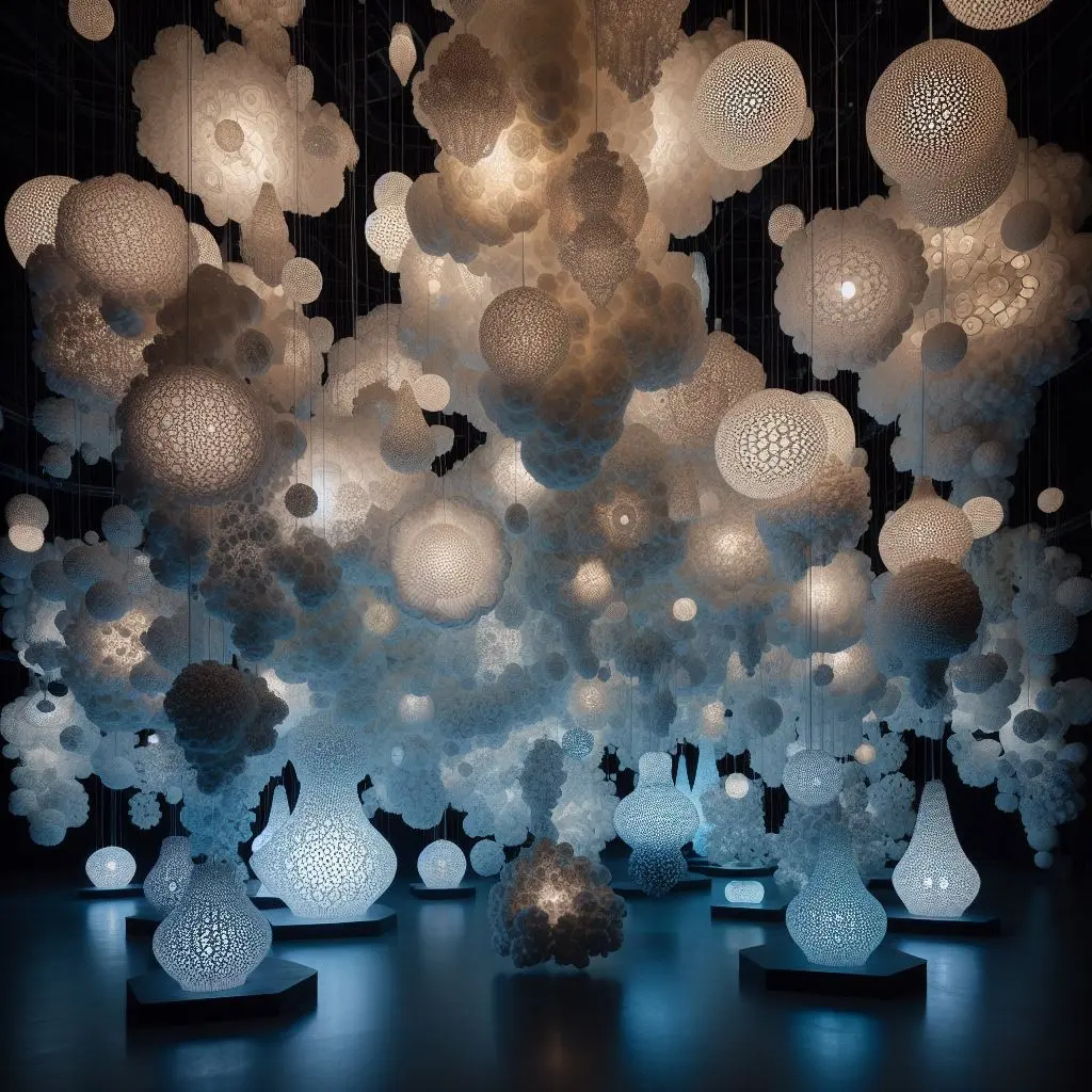 The results of the prompt "An immersive spatial installation of dense clusters of large paper lamps hanging in a darkened room, in the style of ethereal cloudscapes, elaborate beadwork, cellular formations, floating structures, radiant clusters, light white and light blue, 32k uhd."