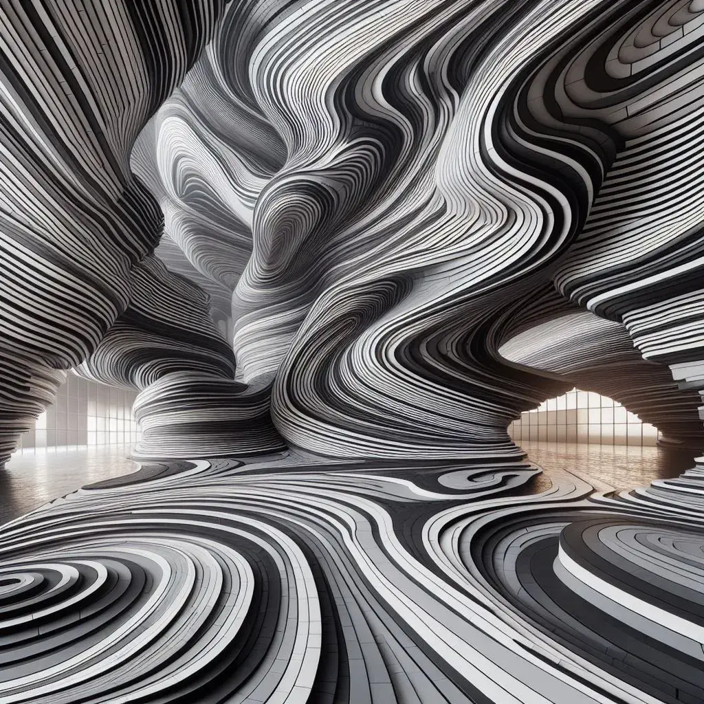 The results of the prompt "Monumental undulating space carved entirely from monochromatic laminated paper, black and white stripes."