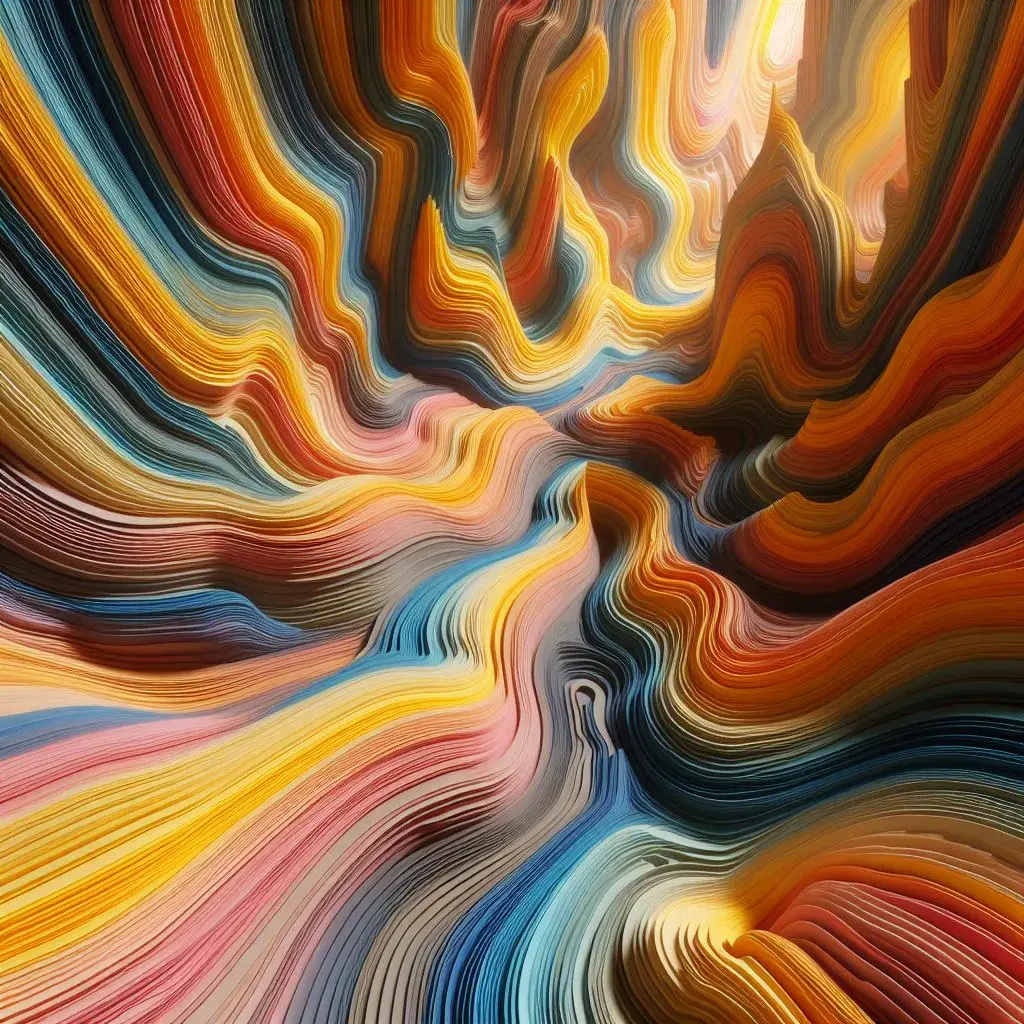 The results of the prompt "Cavernous undulating striated space carved entirely from polychromatic laminated paper, warm vibrant colors, brightly lit."