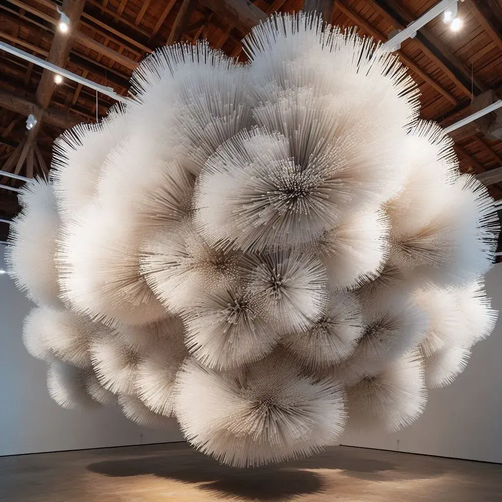 The results of the prompt "A dense undulating cloudlike spiky installation made from upcycled plastic drinking straws hanging from the ceiling of a tall gallery space."