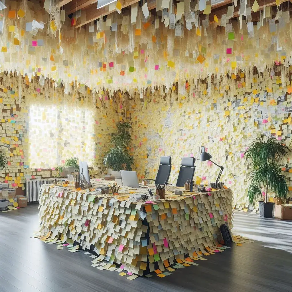 The results of the prompt "An office space covered entirely in sticky post-it notes." 