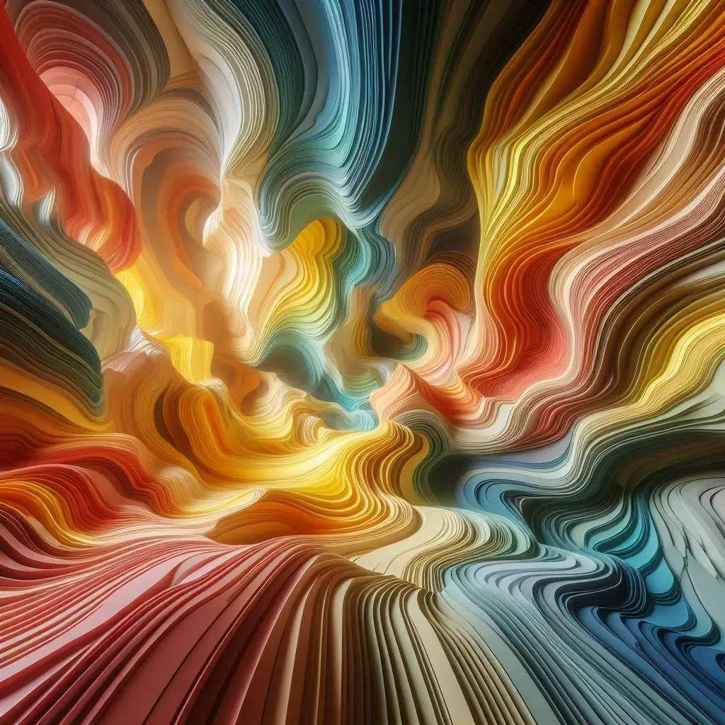 The results of the prompt "Cavernous undulating striated space carved entirely from polychromatic laminated paper, warm vibrant colors, brightly lit."