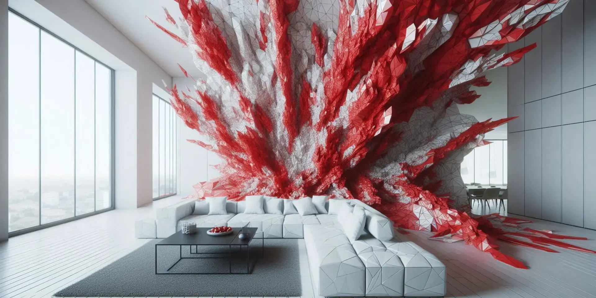 A clean white living room with a surreal red sculpture covering the wall 