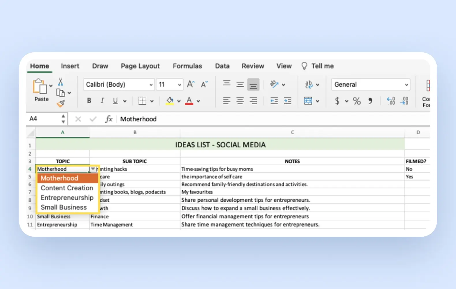 A screenshot of a categorized spreadsheet