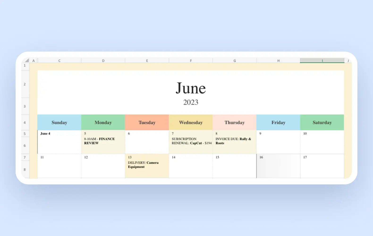 A screenshot of the Summer Break Activity calendar for Excel