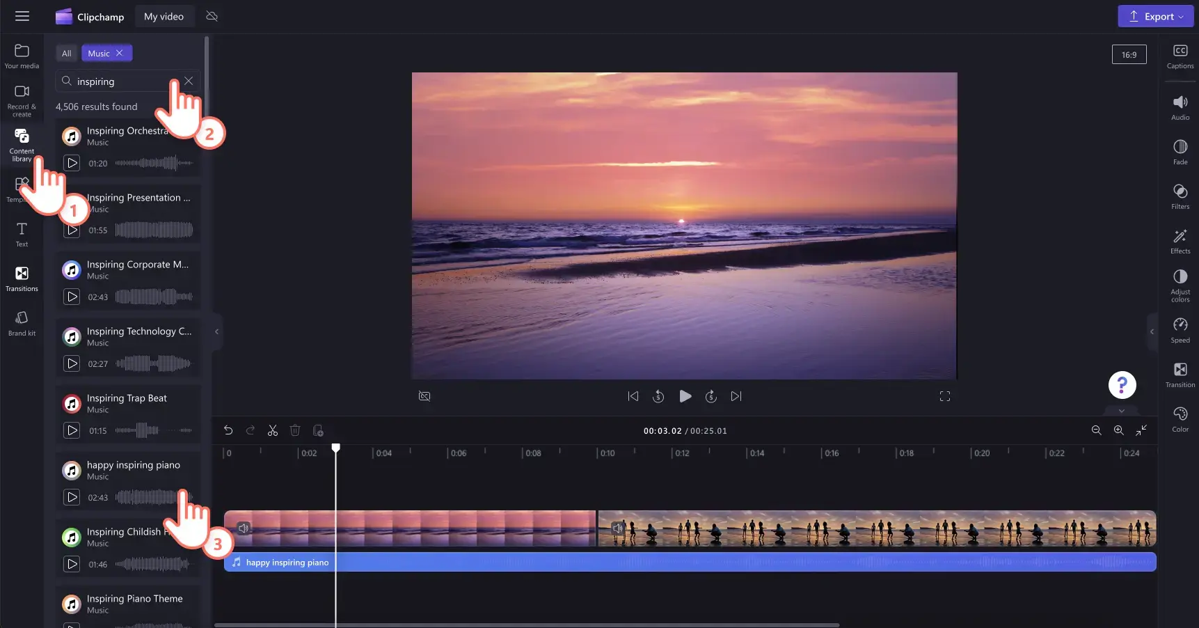 A screenshot of Clipchamp's interface where you can drag and drop music tracks into your video