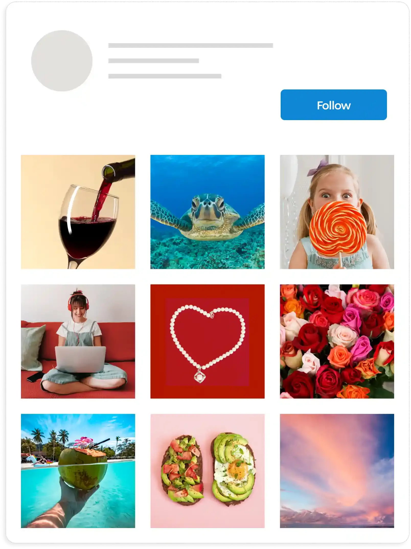 Exemple de grille de flux Instagram avec des images qui ne semblent pas être axées sur un sujet spécifique.