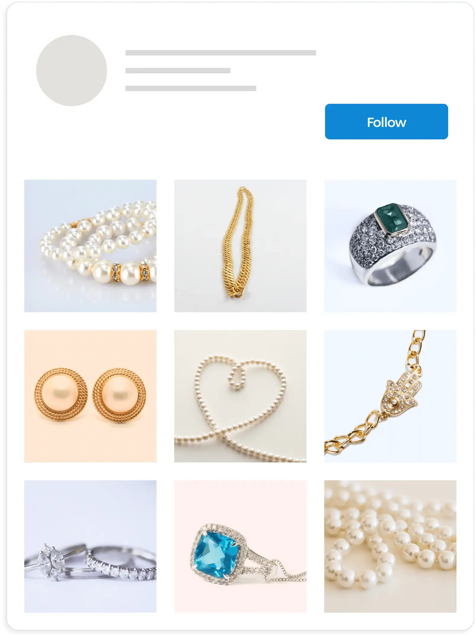 Exemple de grille de flux Instagram avec des billets qui sont liés et axés sur une entreprise de bijoux.
