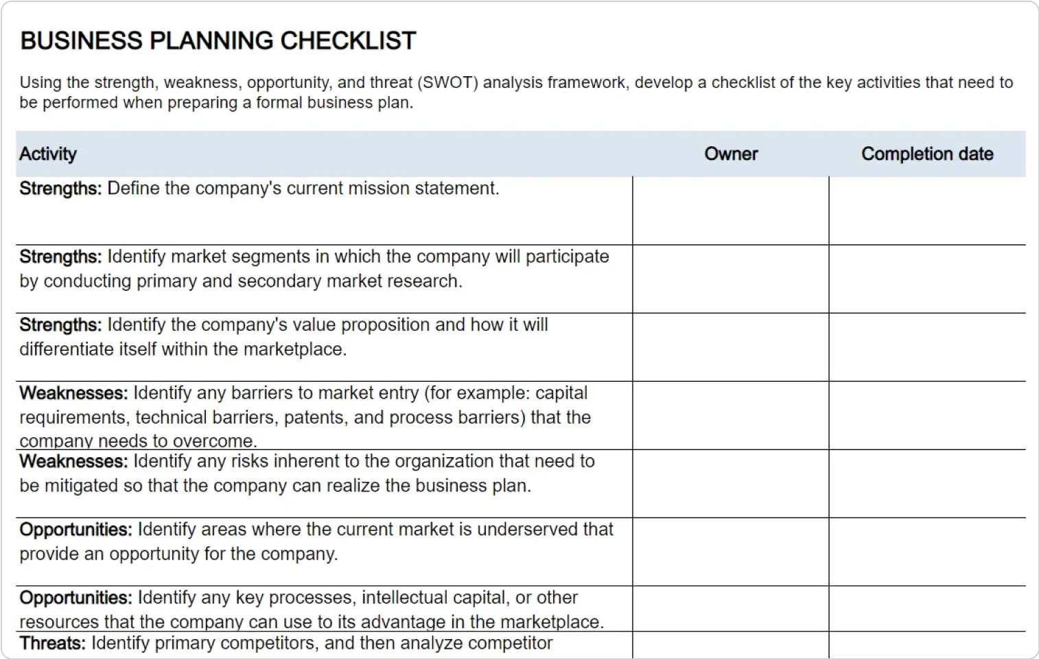 Feuille de calcul montrant une liste de contrôle de planification d’entreprise de Microsoft Create.