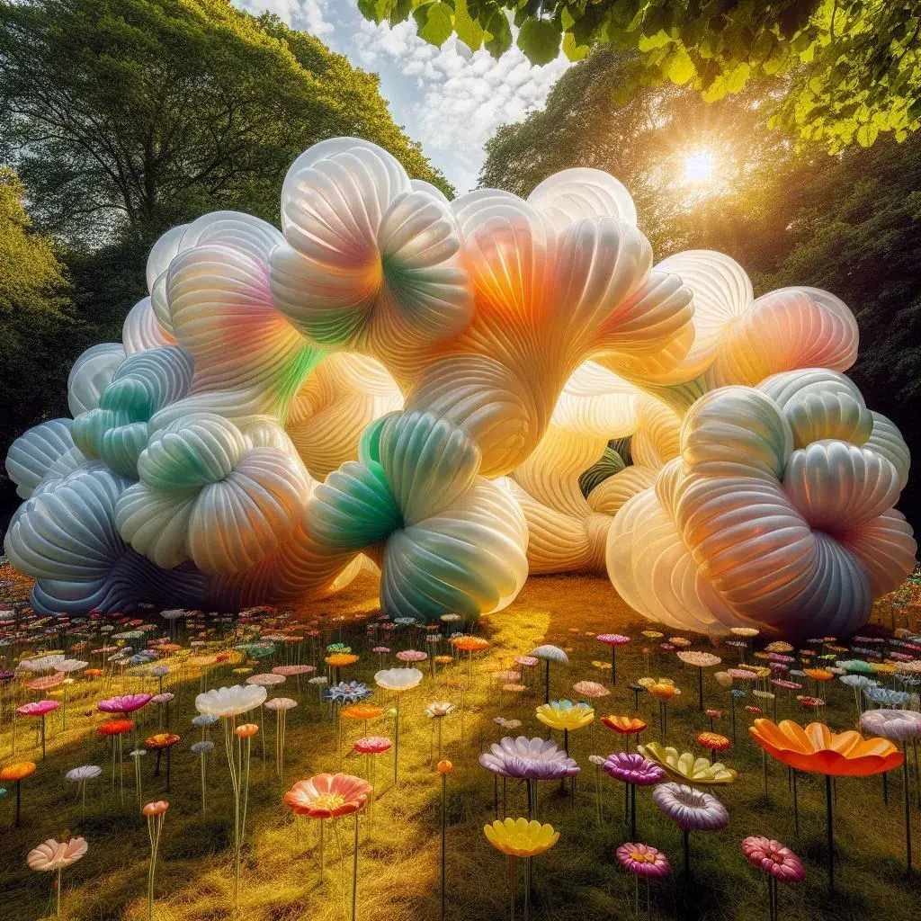 The results of the prompt: "An immersive pavilion made from inflated translucent polychromatic tubular latex membranes in the shape of an elaborate knot in a meadow full of oversized flowers with dappled golden sunlight."