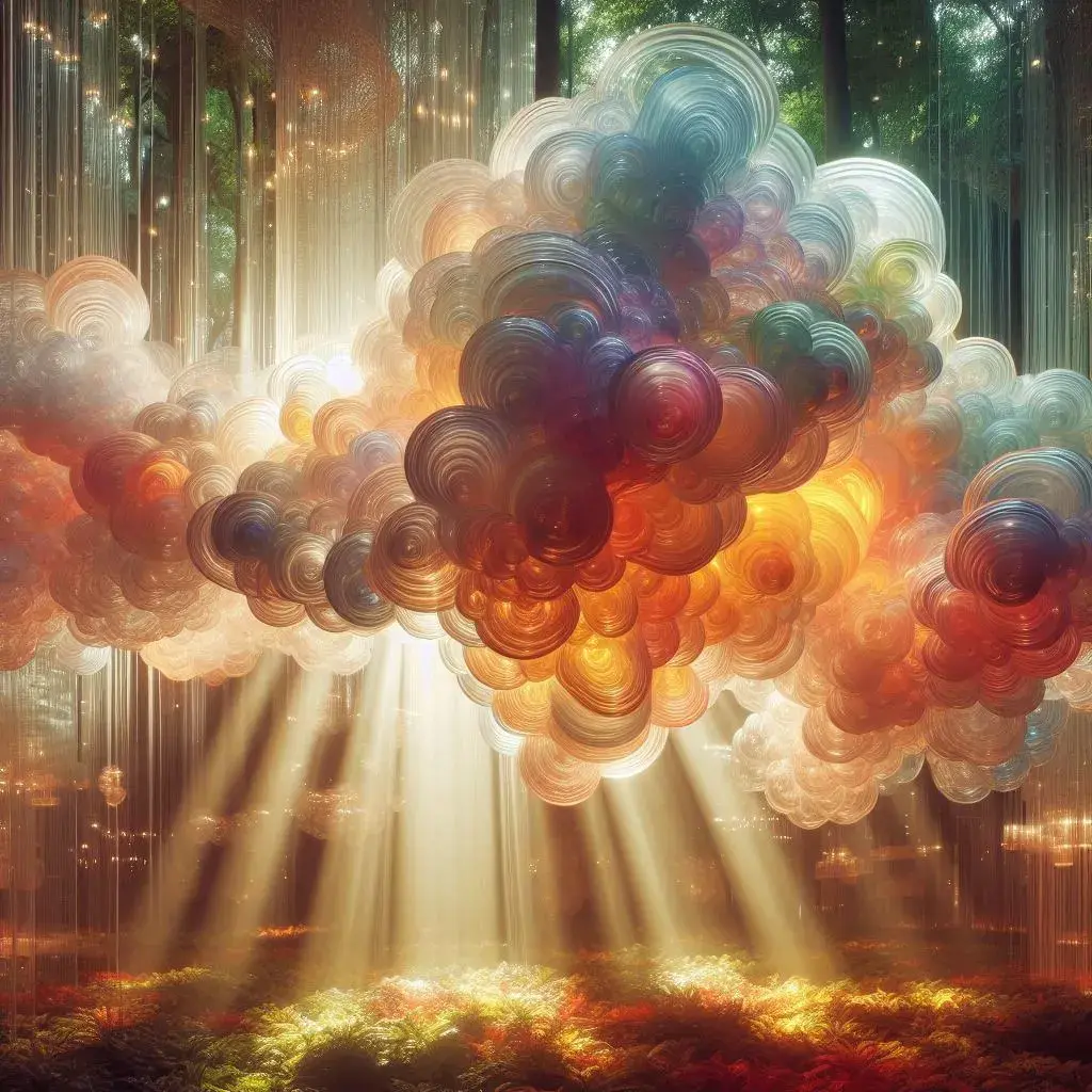 The results of the prompt "An elaborate enlarged cloud, translucent, parametric, polychromatic glass, abstract sculptures hanging in a lush forest with volumetric lighting and light rays in warm colors."