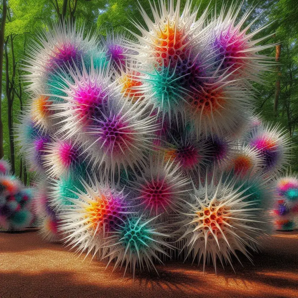 The results of the prompt "Elaborate spikey clusters of abstract polychromatic parametric translucent plastic sculptures in the forest."