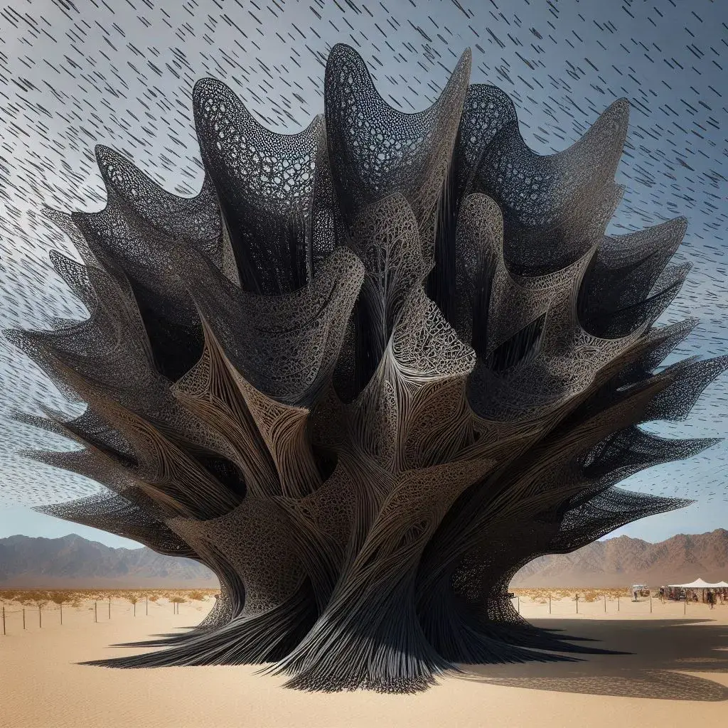 The results of the prompt "An elaborate and parametric sculpture in the desert made entirely from black plastic chopsticks blowing around in the wind, very detailed and ornate."