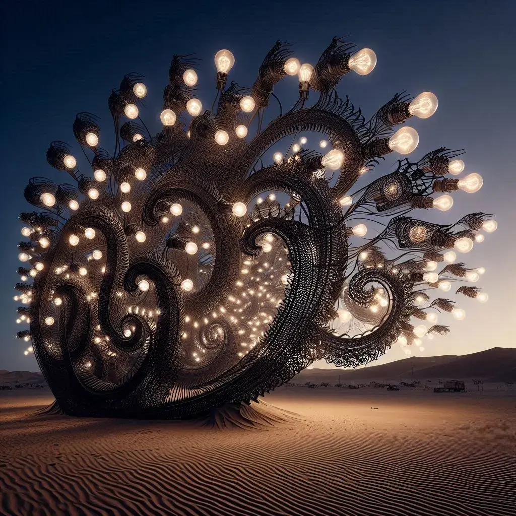 The results of the prompt "An elaborate and parametric sculpture in the desert made entirely from black glowing lightbulbs blowing around in the wind, very detailed and ornate."