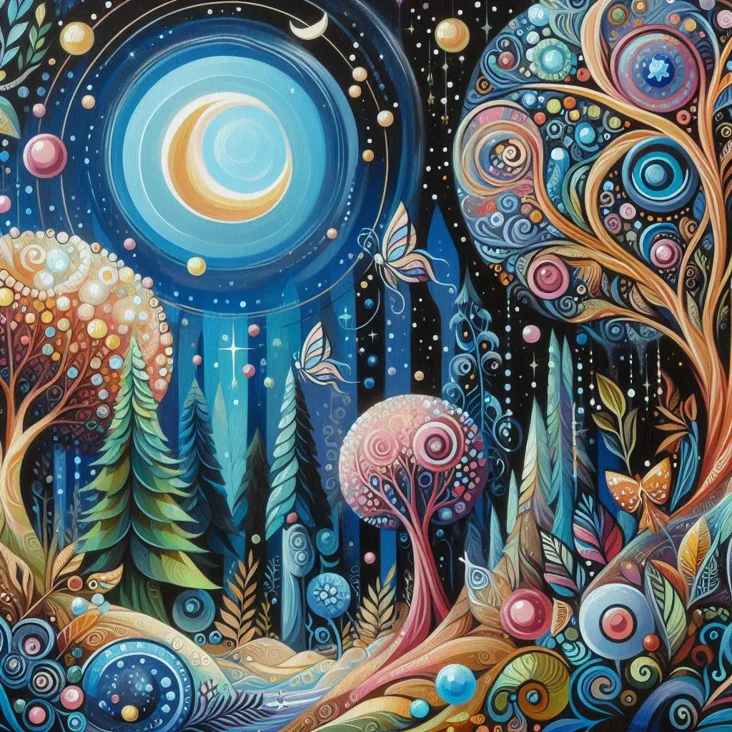 The results of the prompt "An acrylic painting of an enchanted forest. Incorporate whimsical elements to create a magical, fantastical look."