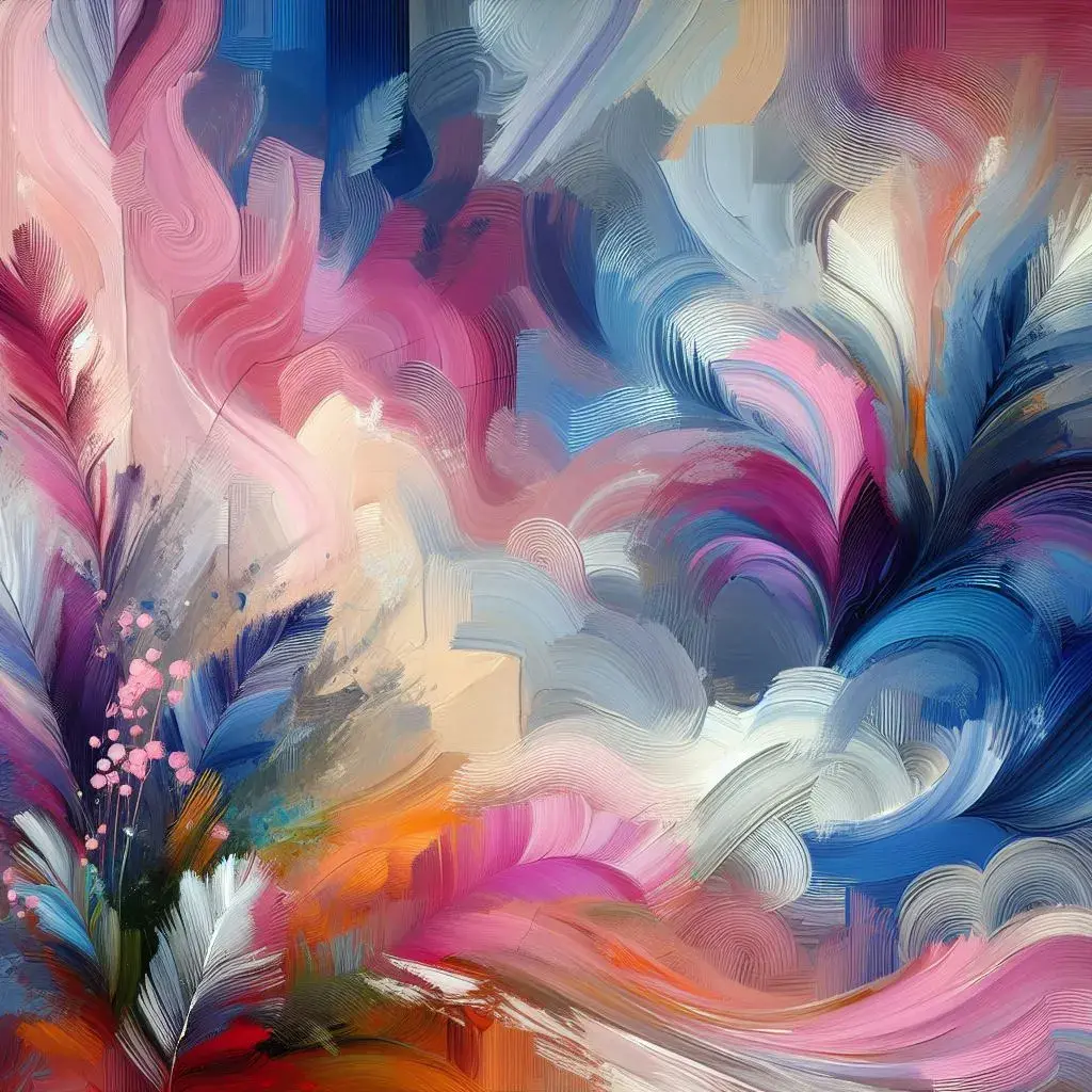 The results of the prompt "An abstract painting inspired by nature with vibrant colors and unique brushstroke patterns. Incorporate pink, blue, and purple colors."