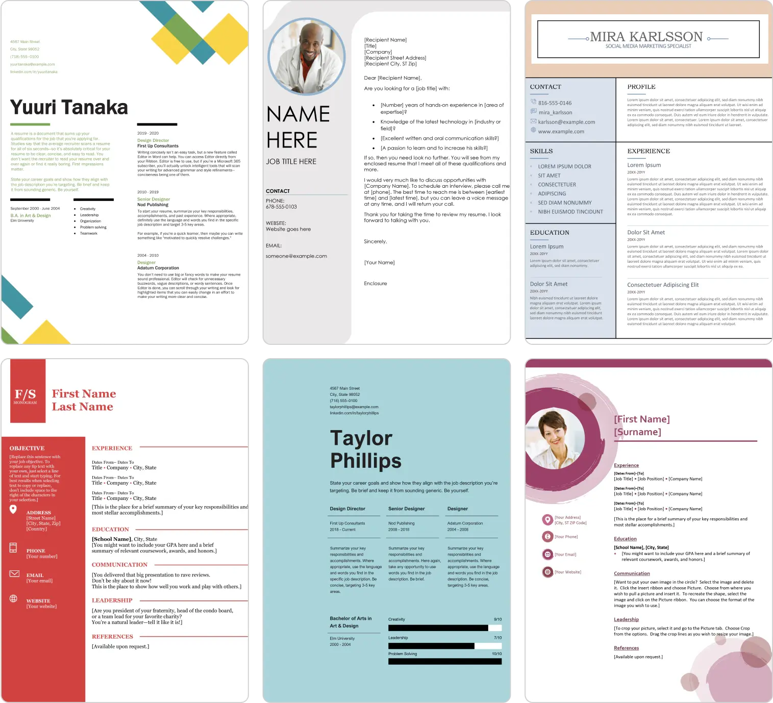 A selection of resume templates from Microsoft Create