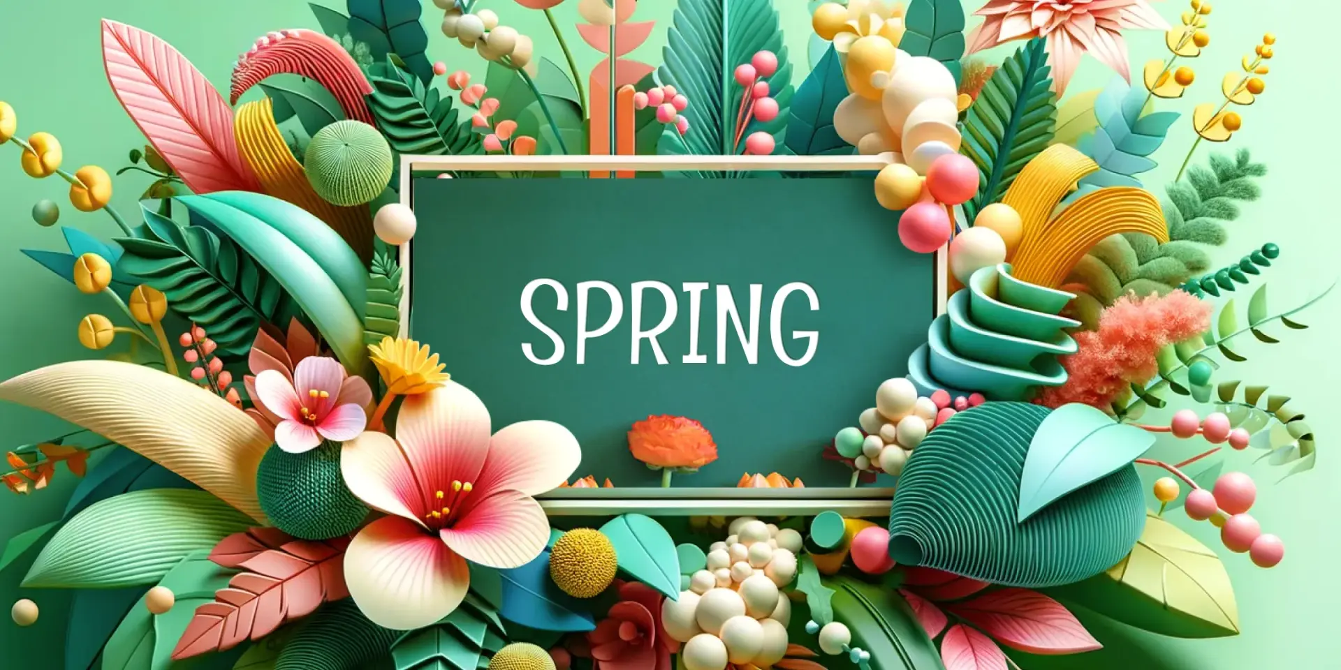 The word "SPRING" on a green background, framed by an explosion of gorgeous 3D flower illustrations