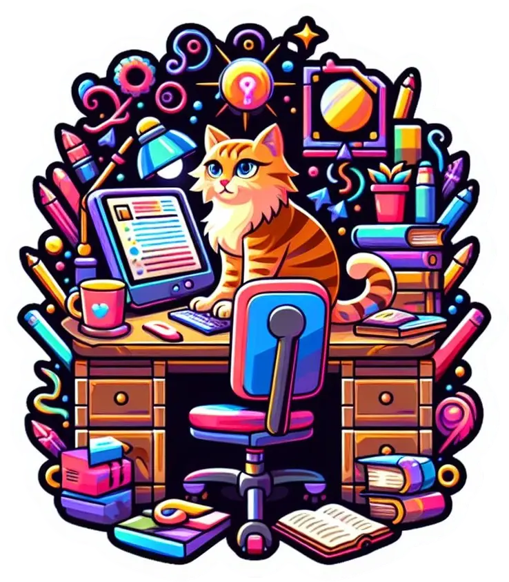 The results of the prompt "Funky, colorful illustration of a writer’s desk with cat" 