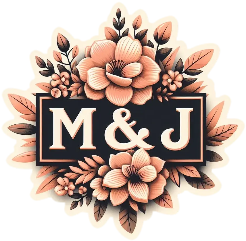 The results of the prompt " 'M&J' with peach-colored floral and wedding-themed design elements" 