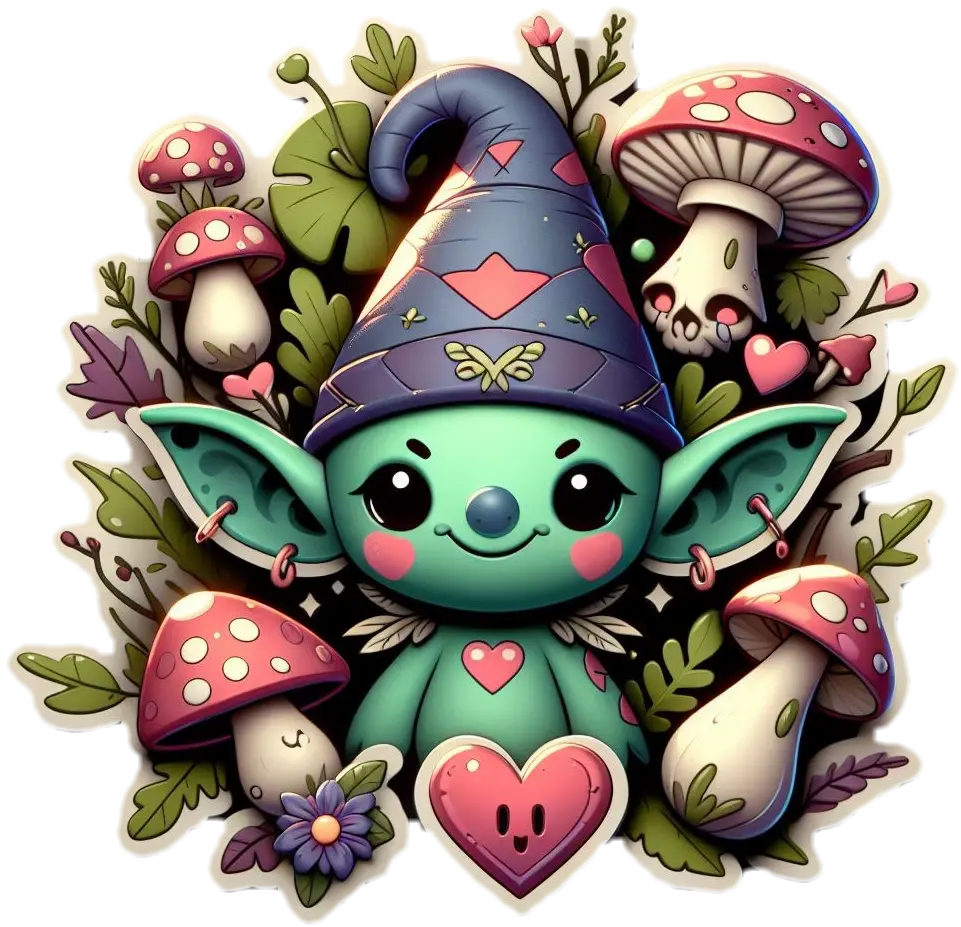 The results of the prompt "A cute goblin with hearts, mushrooms, and forest-themed elements " 