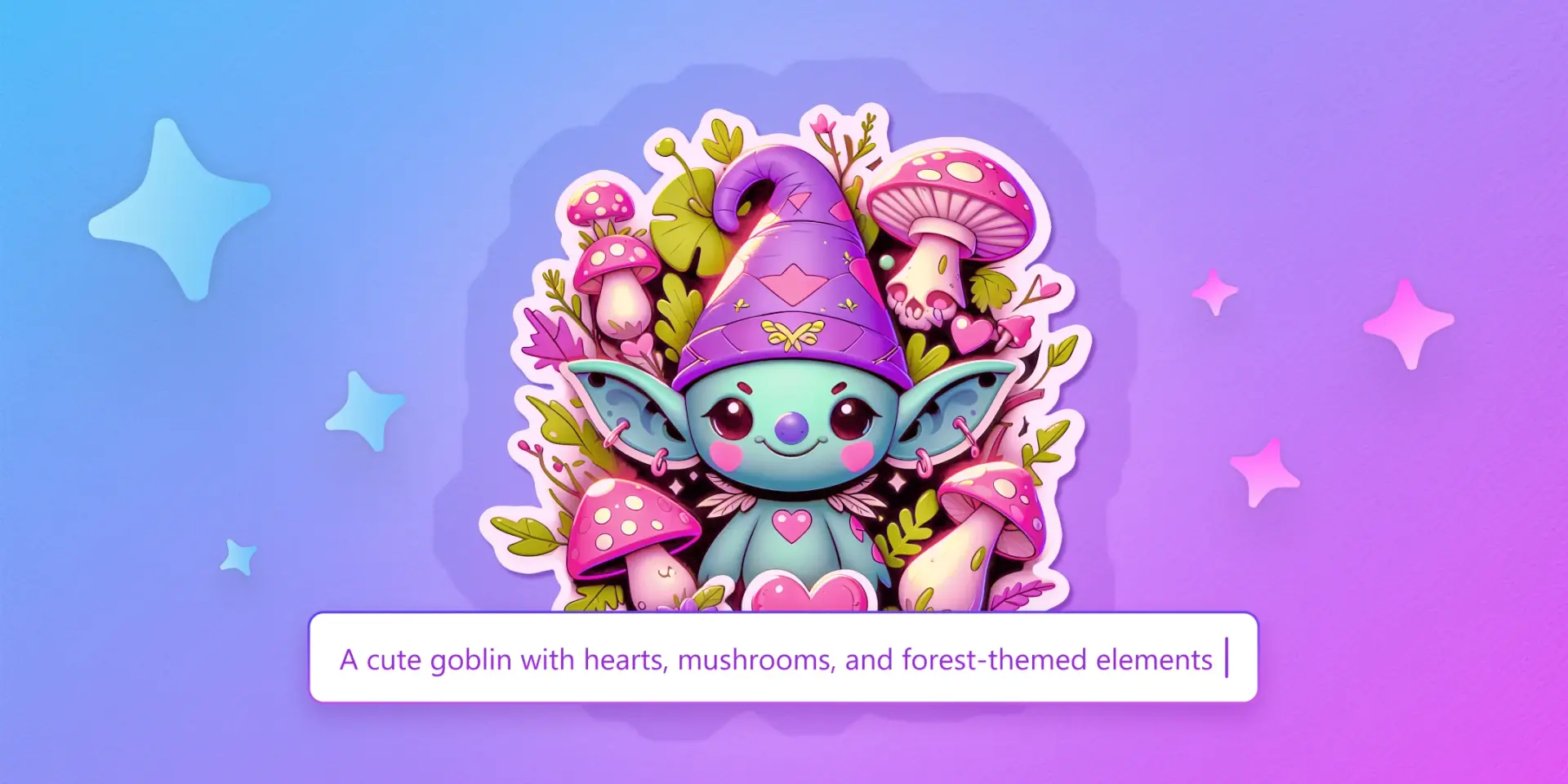 A color-adjusted picture of the goblin sticker we created in this blog post, along with the prompt that created it ("A cute goblin with hearts, mushrooms, and forest-themed elements")