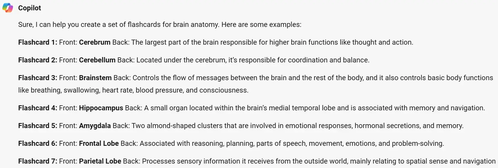 The results of the prompt "Create a set of flashcards based on the following study materials: [paste in notes, an outline of lecture slides, or other materials from the course]" 