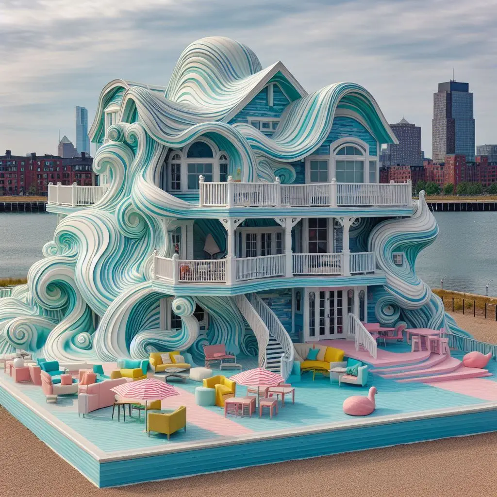 A wavy houseboat on the water