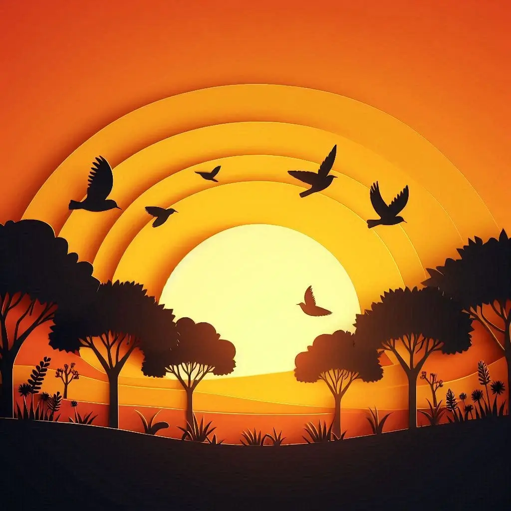 The results of the prompt: "A vibrant sunrise scene with warm orange and yellow tones, featuring silhouettes of trees and a few early birds in flight. Papercraft style."