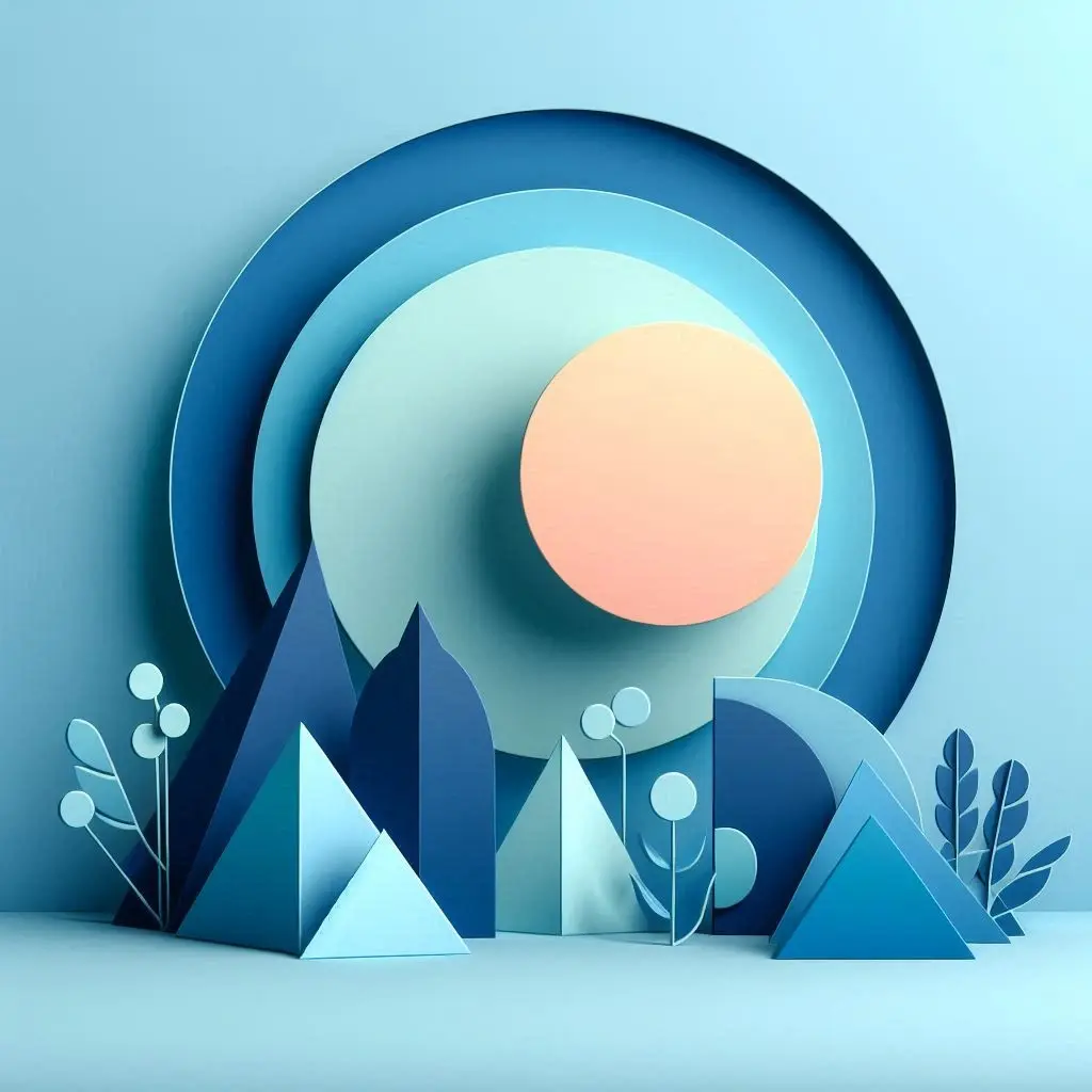 The results of the prompt: "Minimalist geometric shapes with a calming but vibrant blue gradient, papercraft style."