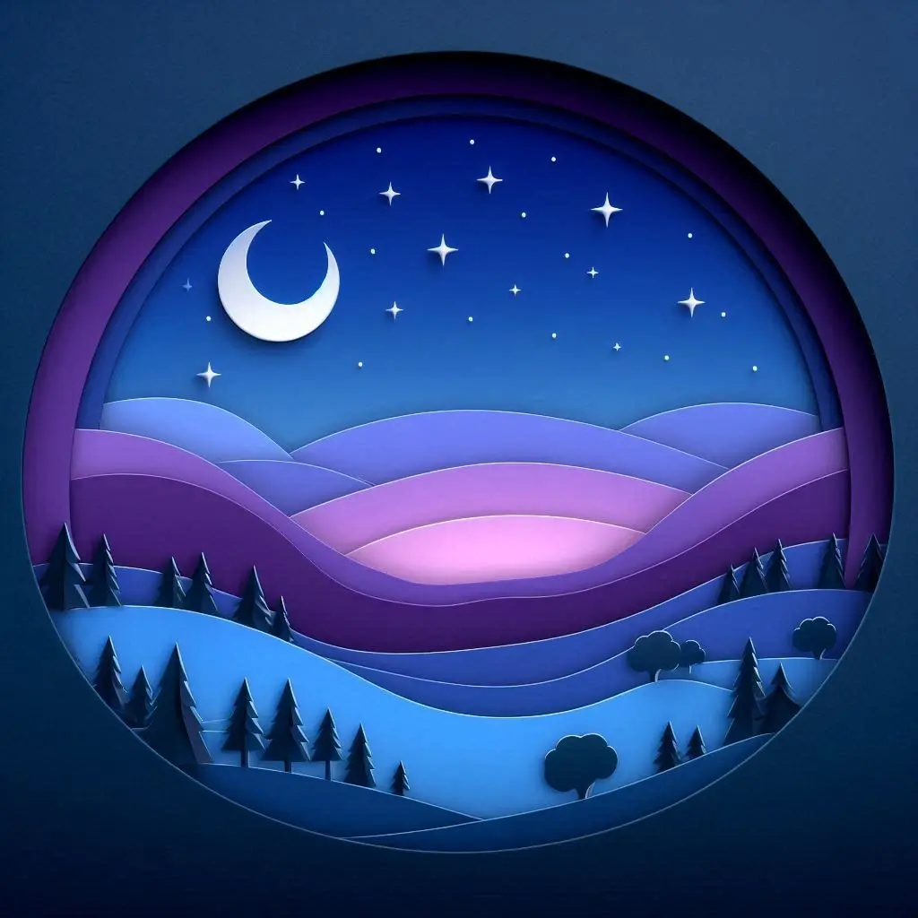 The results of the prompt: "Papercraft of a serene twilight landscape with a gradient from deep blue to purple, showing a crescent moon and the first stars appearing."