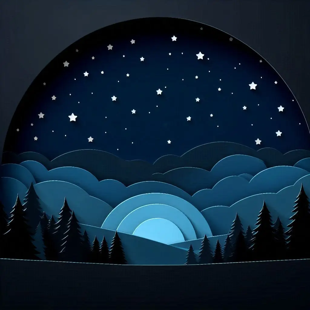 The results of the prompt: "A dark, starry night sky with a silhouette of a forest, using deep blues and blacks with twinkling stars. Papercraft style." 