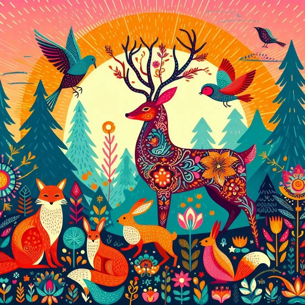 The results of the prompt: "A whimsical morning sunrise scene featuring woodland creatures like deer, foxes, rabbits, and birds, illustrated in a vibrant folk art style. Bold colors."