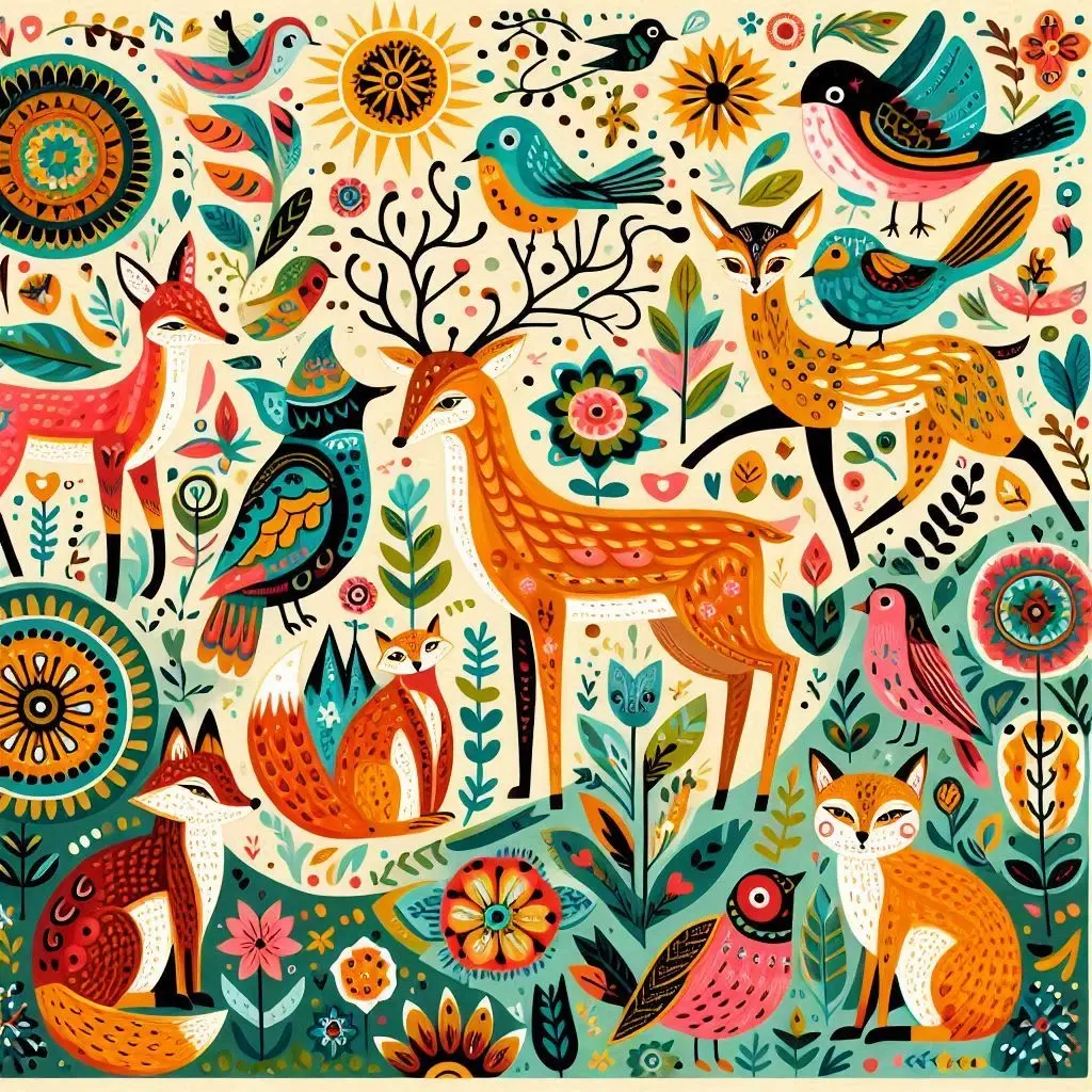 The results of the prompt: "A whimsical scene featuring woodland creatures like deer, foxes, rabbits, and birds, illustrated in a vibrant folk art style. Bold colors, bright and sunny."