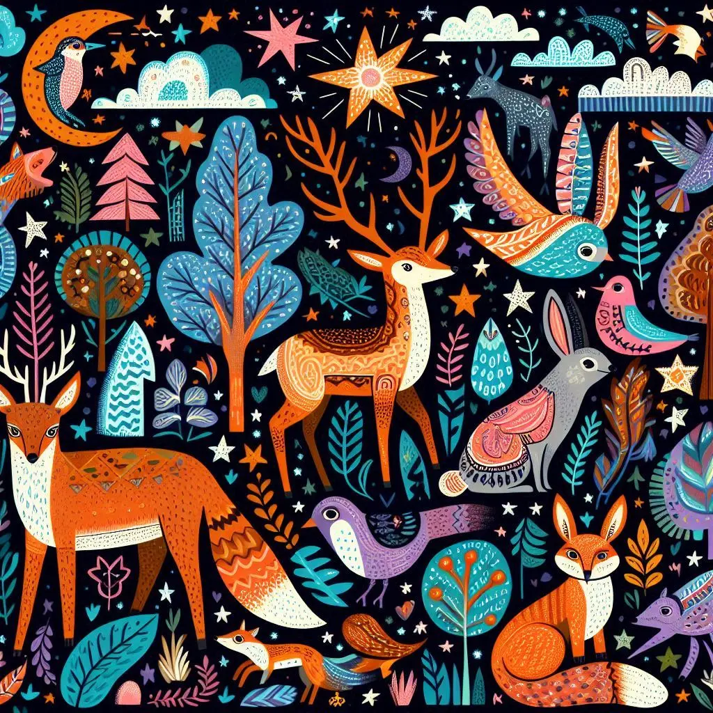 The results of the prompt: "A whimsical night scene featuring woodland creatures like deer, foxes, rabbits, and birds, illustrated in a vibrant folk art style. Bold colors. Include stars in the night sky."