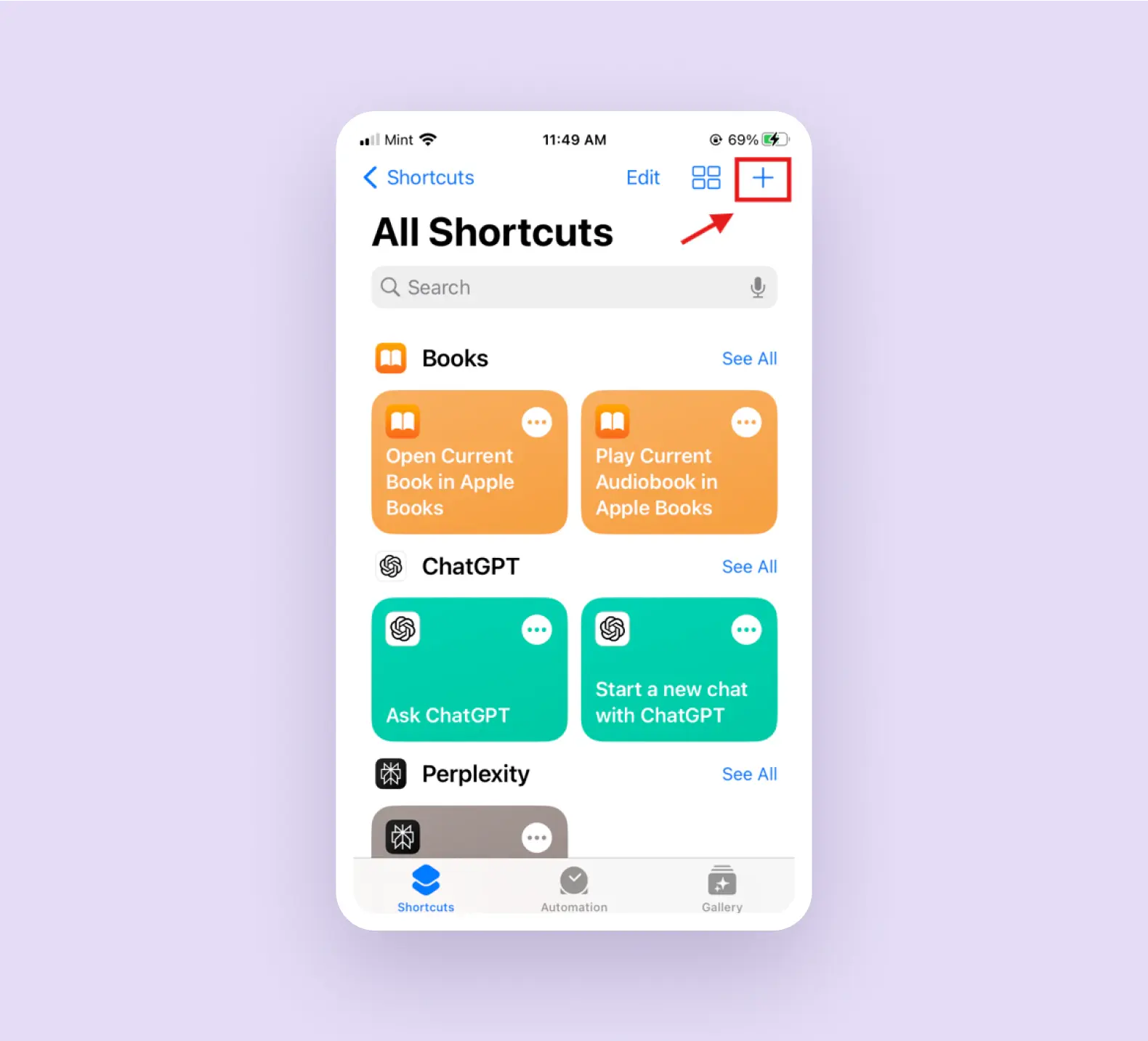 A screenshot showing iPhone's Shortcuts app 