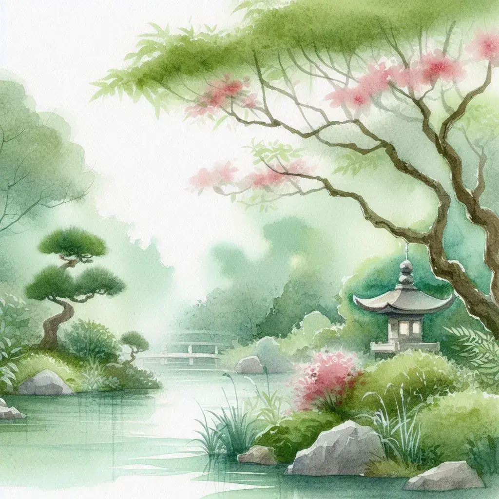 The results of the prompt: "A serene Japanese garden (subject) in watercolor style (style) with soft greens and pinks (colors), creating a calm and peaceful atmosphere (mood). The composition should be asymmetrical with a small pagoda in the lower right corner (composition)."