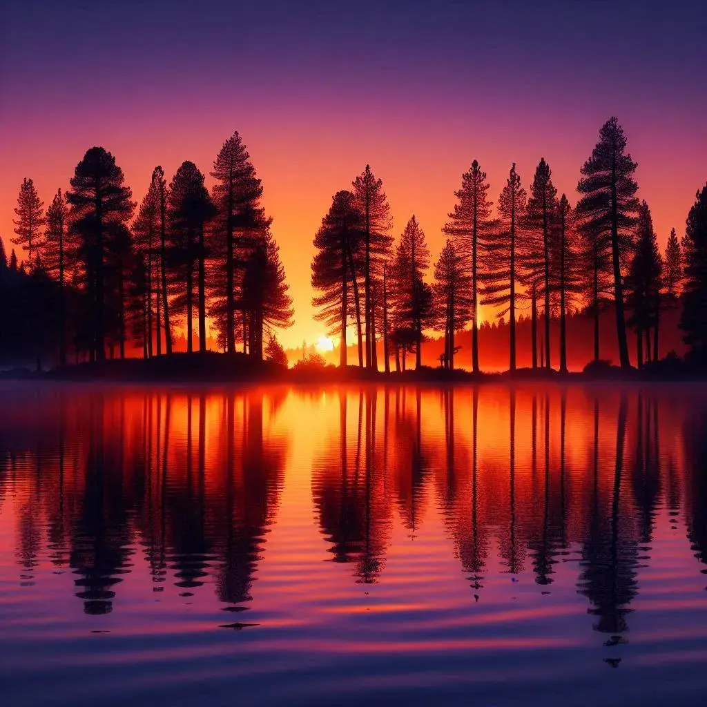 The results of the prompt: "A tranquil lake scene at sunset, with silhouetted pine trees reflected in still water. Use a gradient of warm oranges and purples in the sky, transitioning to cool blues in the water."