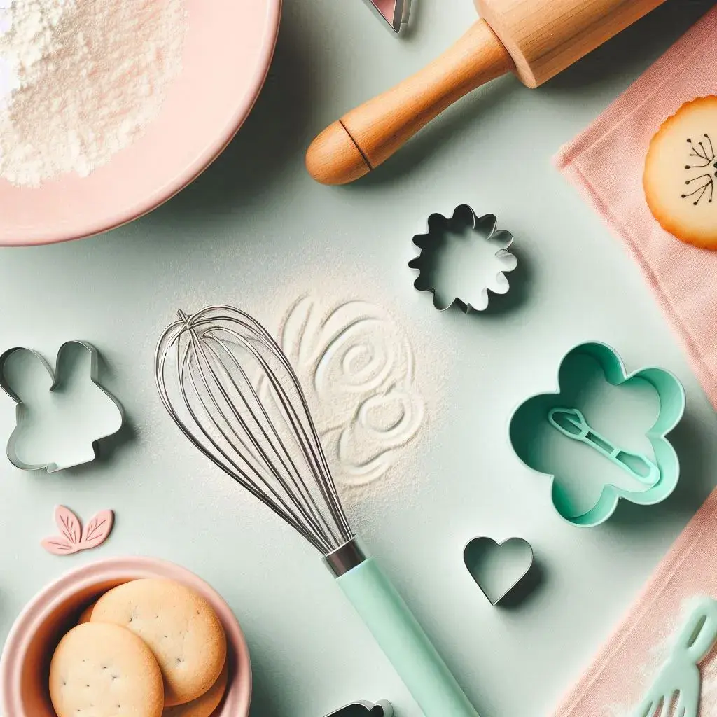 The results of the prompt: "A flat lay composition of baking items including a whisk, rolling pin, and cookie cutters. Use a pastel color scheme with a focus on soft pinks and mint green. Add a sprinkle of illustrated flour for a whimsical touch."