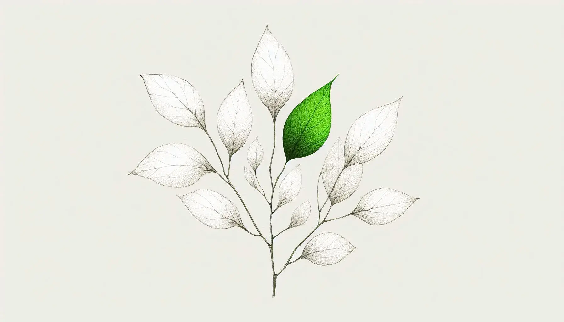 The results of the prompt: "A minimalist hand-drawn sketch of white leaves with one vibrant green leaf." 