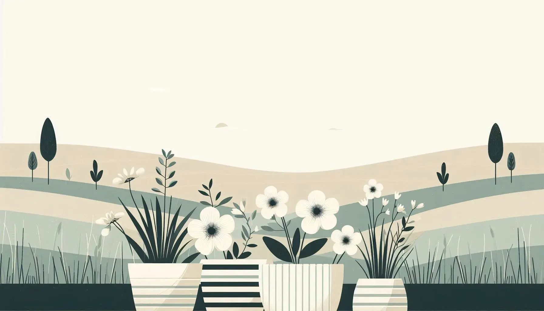 The results of the prompt: "A few white flowers in striped planters, centered, on a blank, empty background. The landscape illustration is in a simple, minimal graphic style in soft, muted colors." 