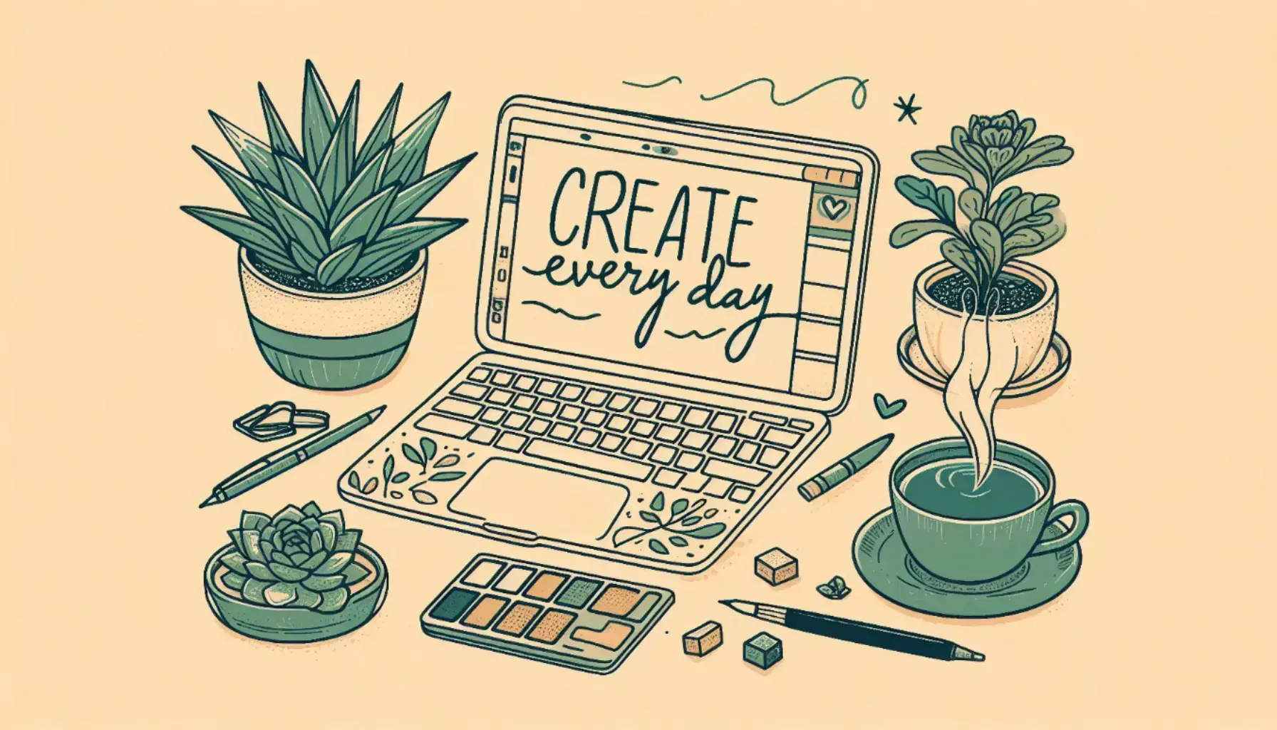 The results of the AI image prompt: "Line art drawing of a laptop, a cup of green tea, and a small potted succulent. Include the phrase 'Create every day' in cursive handwriting. Use a warm, muted color palette with touches of teal."