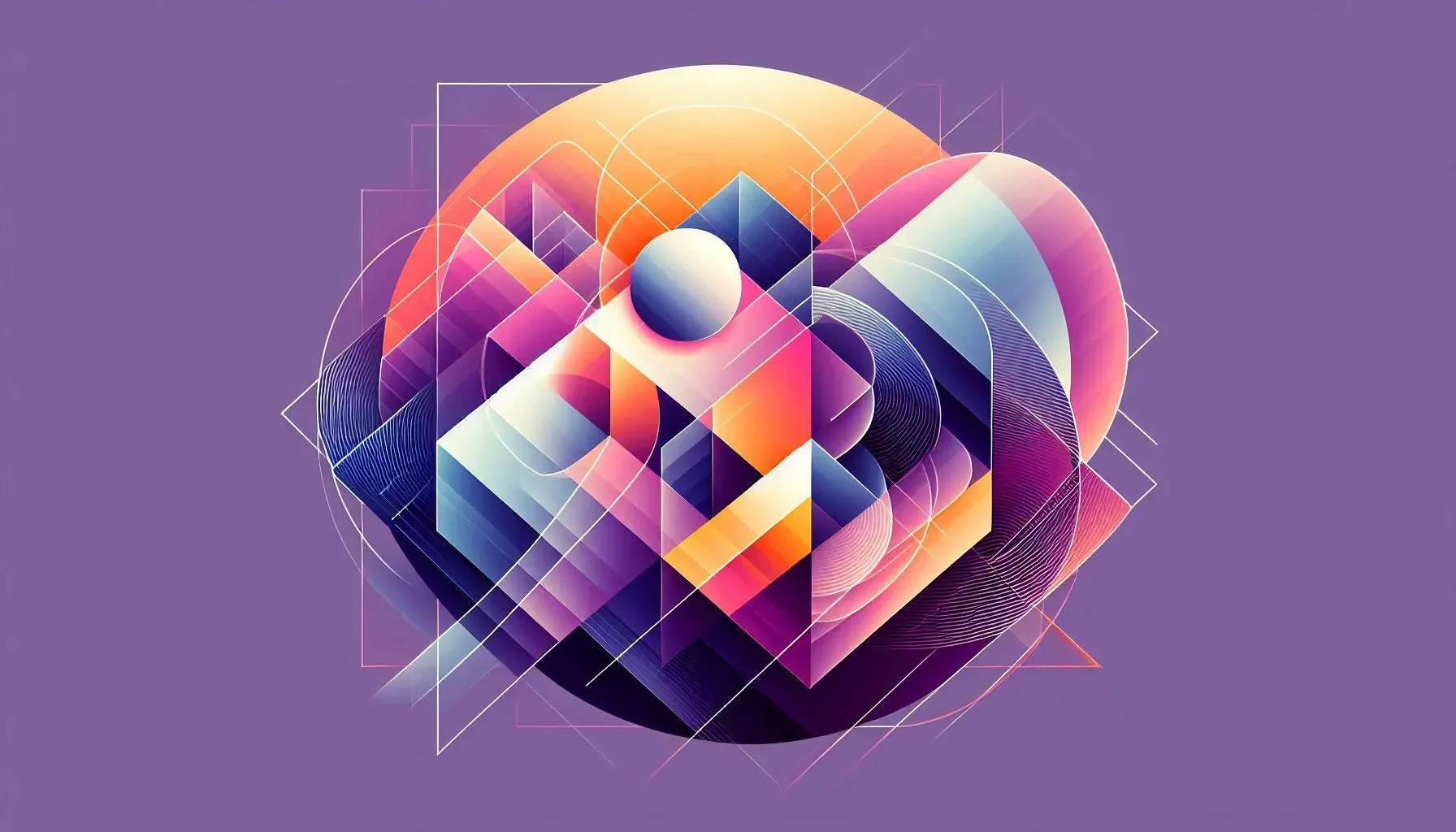 The results of the AI image prompt: "An abstract composition of overlapping geometric shapes in a gradient from purple to orange."