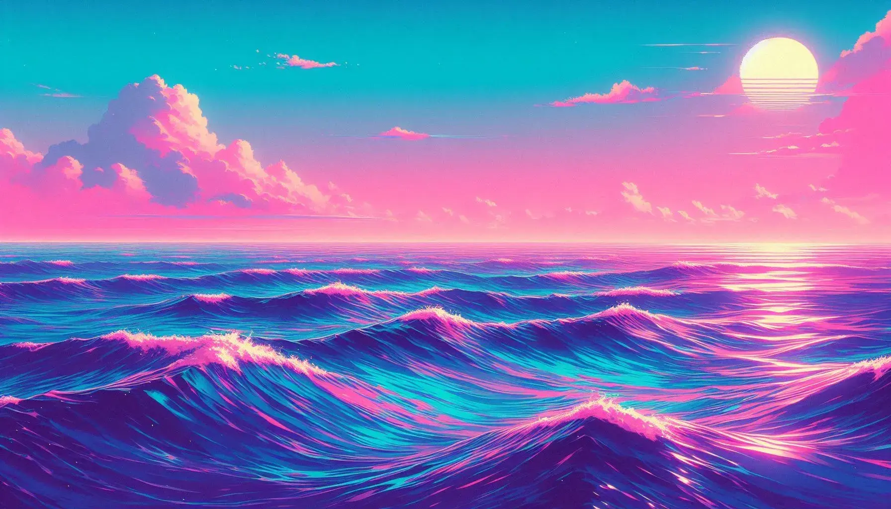 The results of the AI image prompt: "The ocean and horizon, vaporware style. Include pink, blue, and lavender."